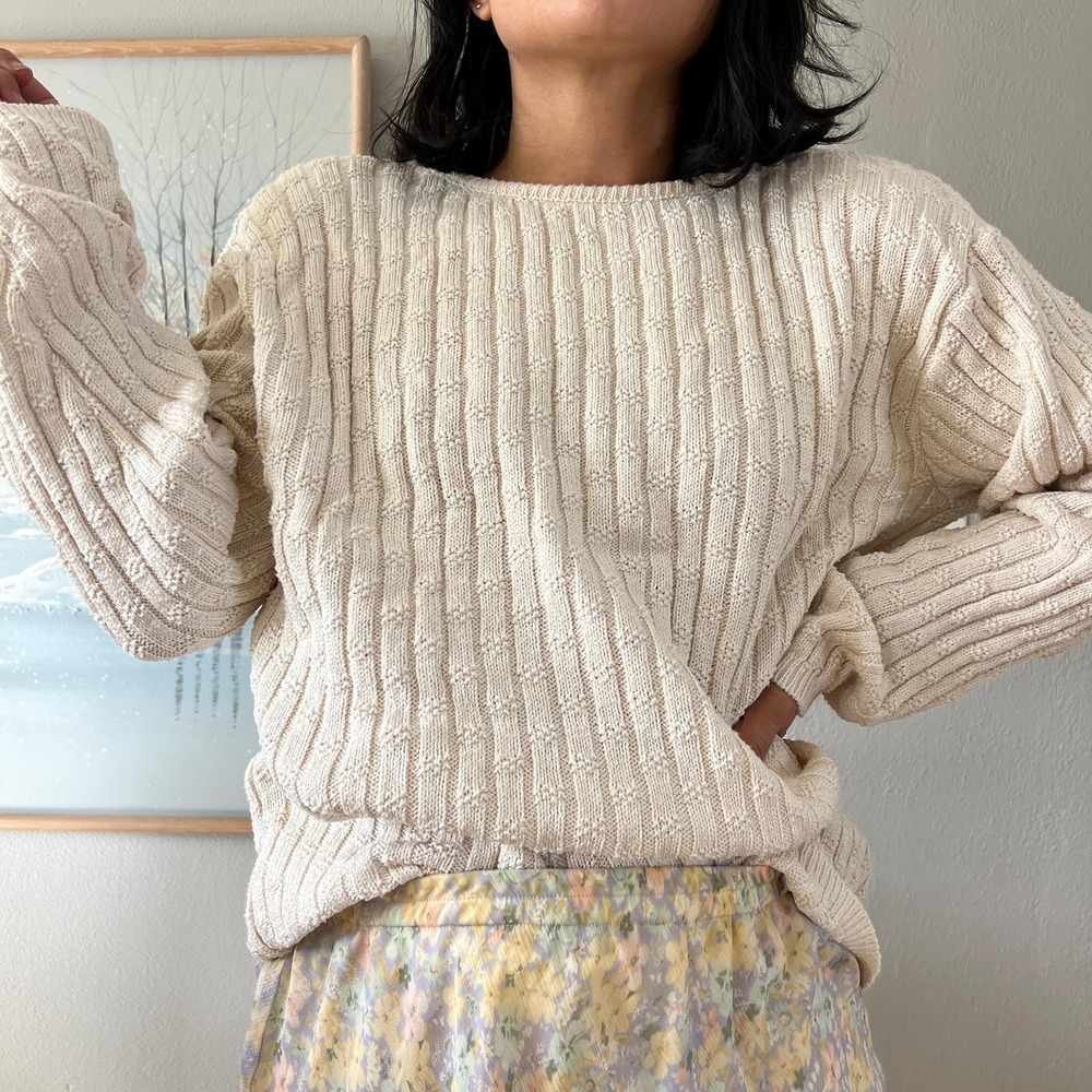 90s Ivory Cotton Sweater Minimalist Rib Knit Cream Pullover USA Made